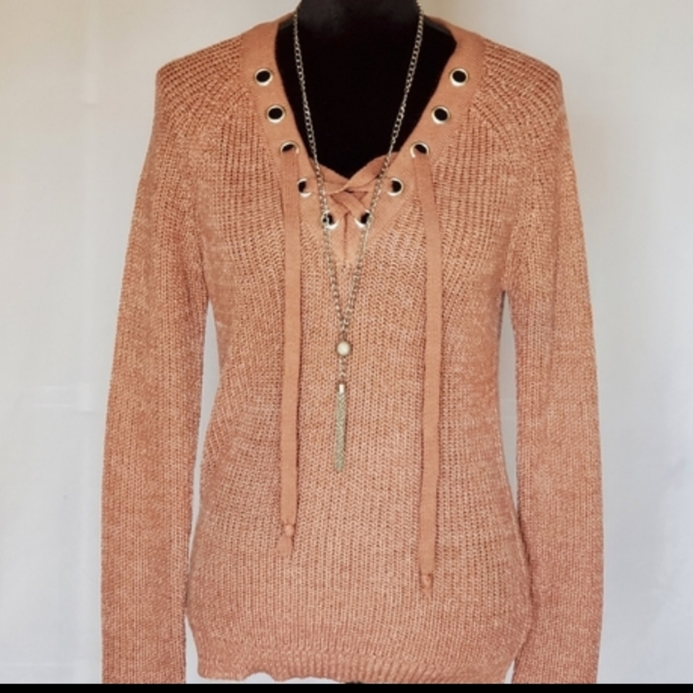 ♡ Love Tree Pink Lace Up Y2K Chunky Knit Sweater Size Small